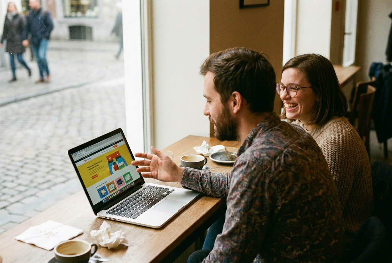 Een ontwerper van Deallos die samen met een tevreden klant naar een website kijkt op een laptop