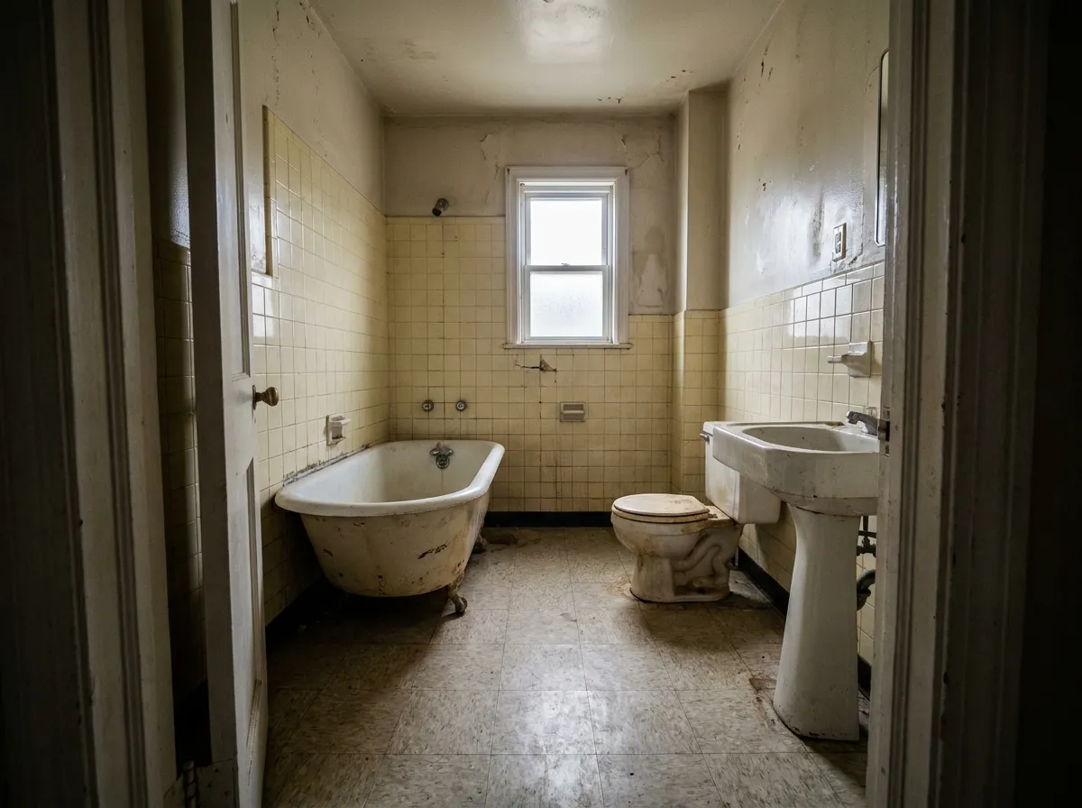 Badkamer vóór renovatie — gedateerde afwerking