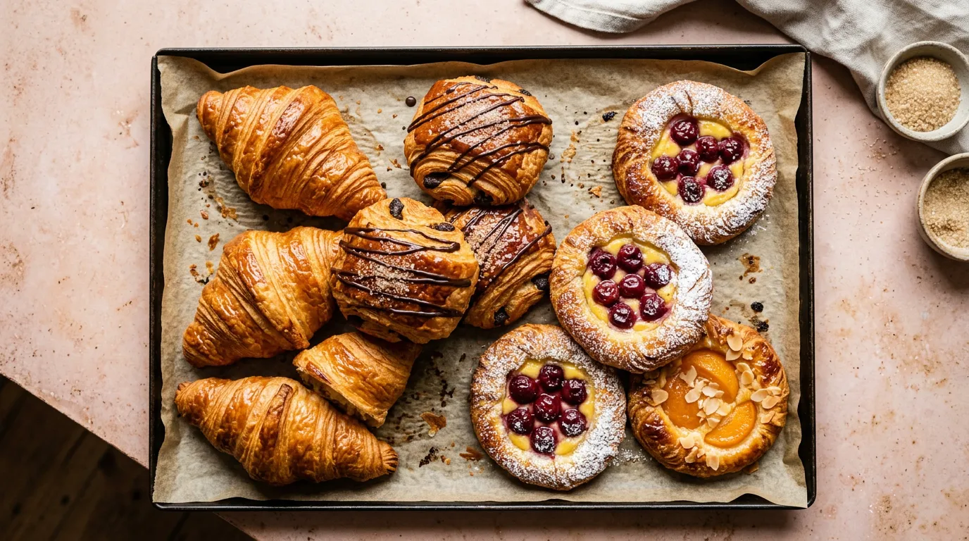 Vers gebakken viennoiserie en koffiekoeken in de toonbank