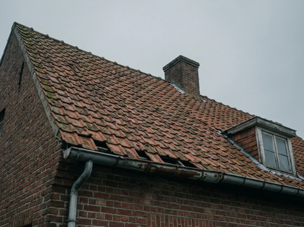 Verouderd, verweerd pannendak toe aan een volledige dakrenovatie
