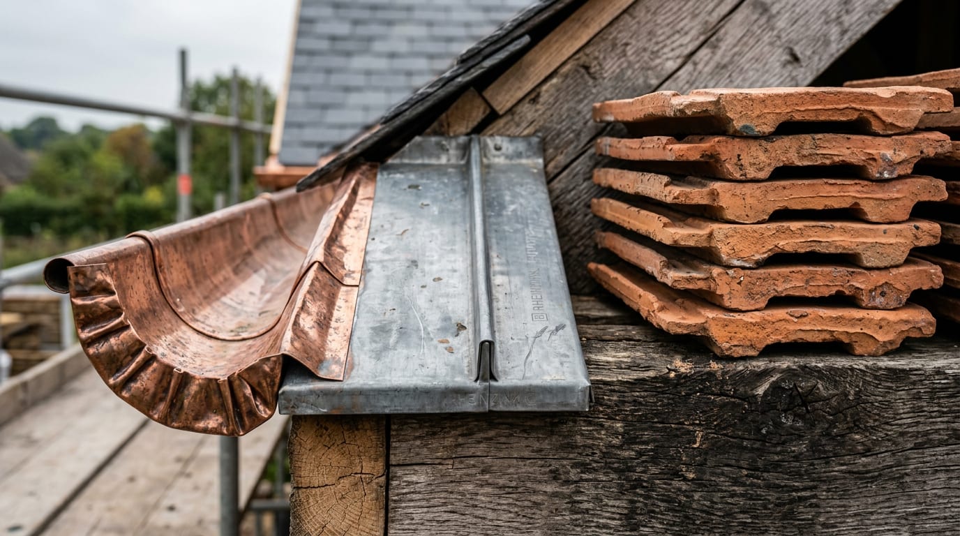 Vakman legt keramische dakpannen op een hellend dak in renovatie