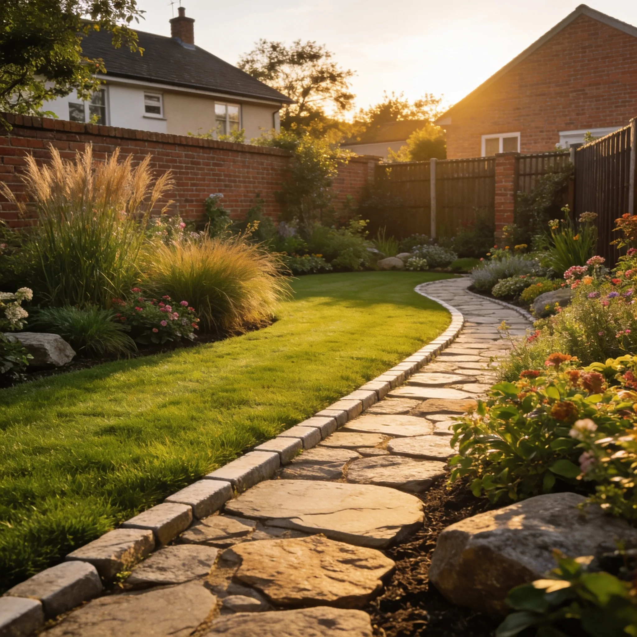 Aangelegde tuin met lommerrijke beplanting