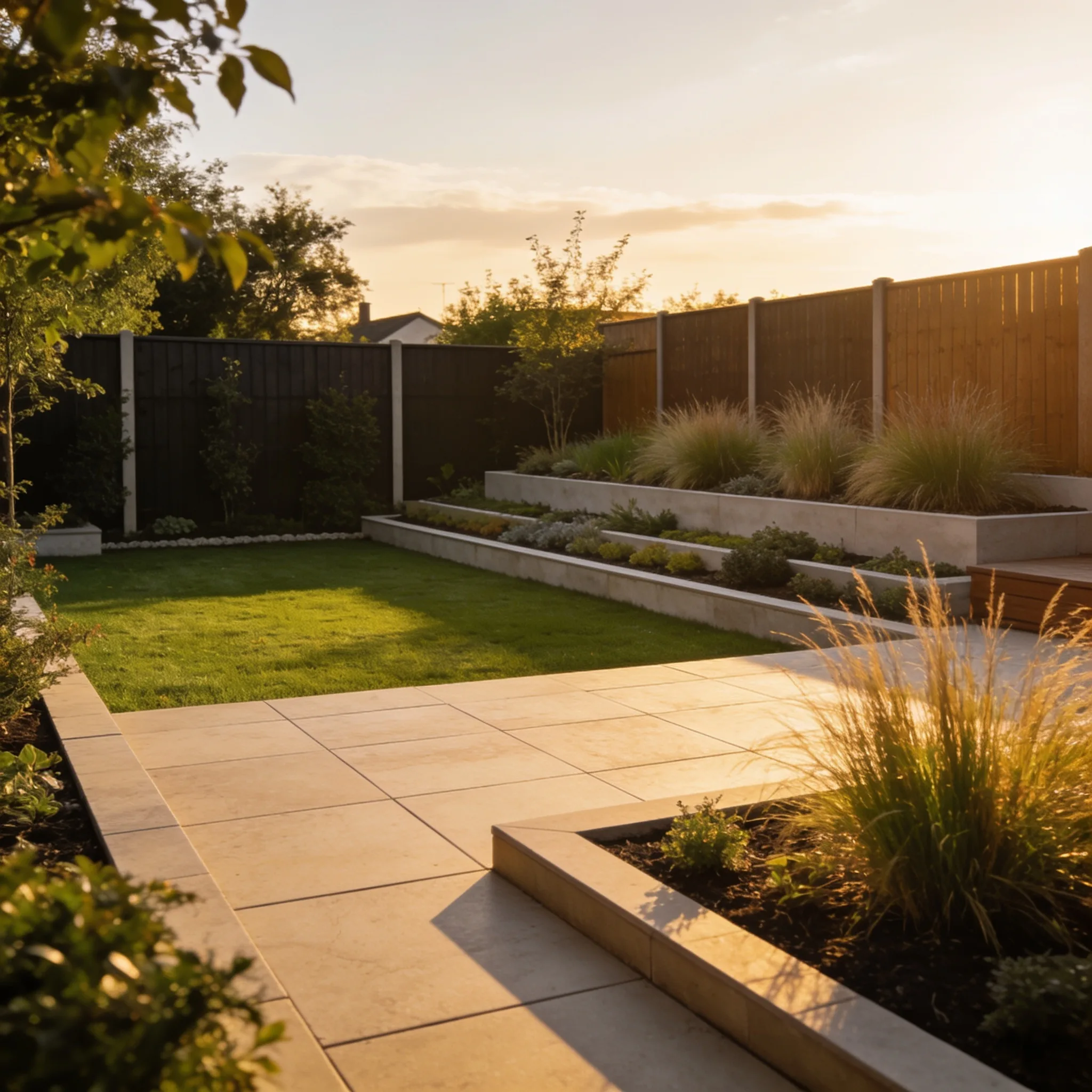Dezelfde achtertuin na beplanting en aanleg