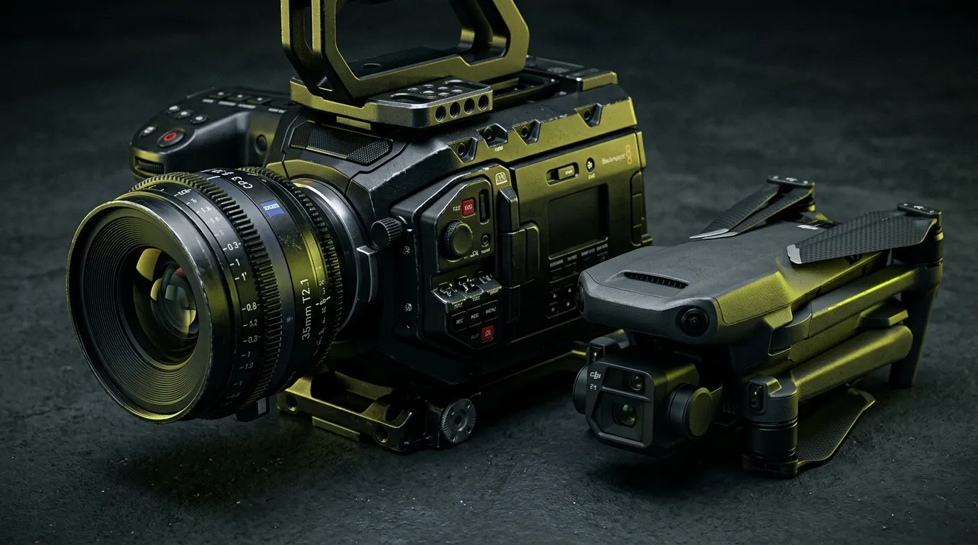 Cinema-camera en belichting klaar voor een commercial-opname