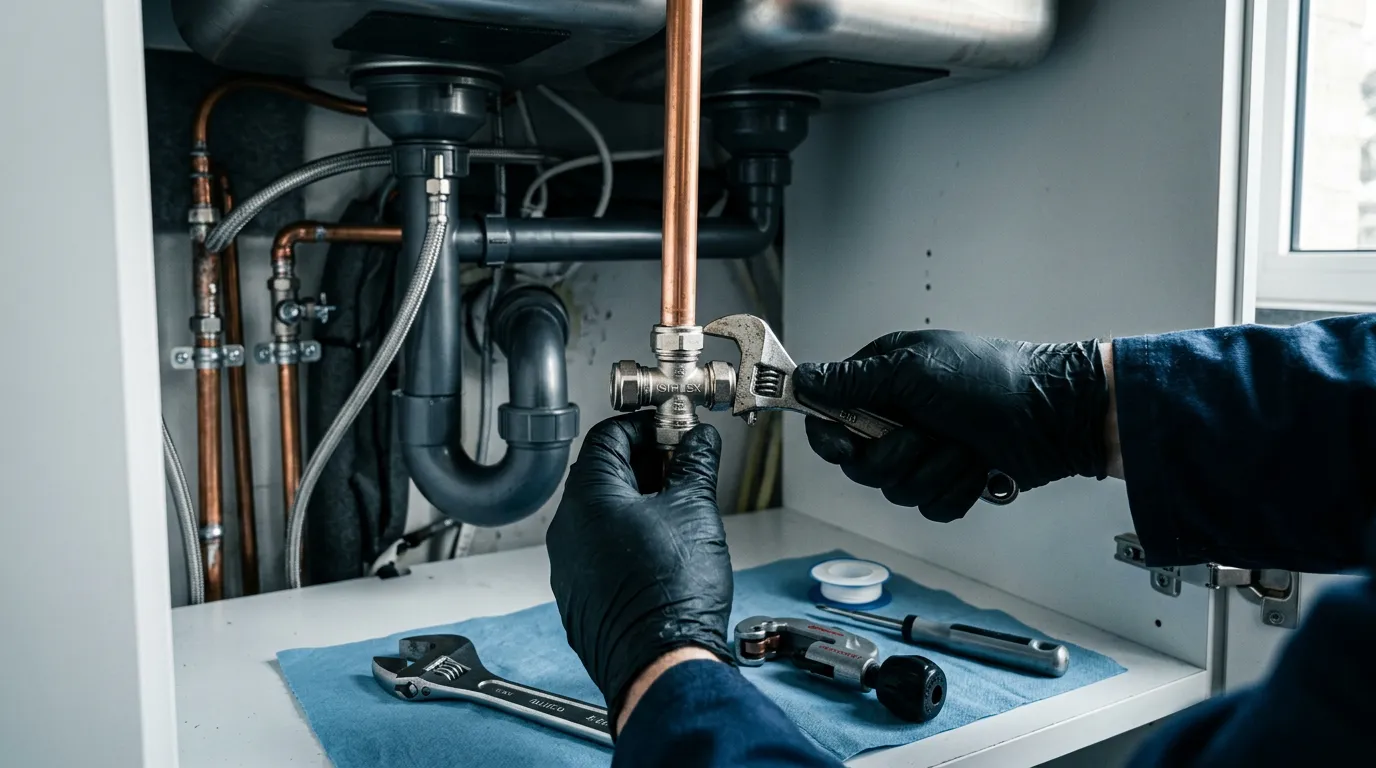 Chroom sanitairwerk en leidingwerk, detail van vakwerk