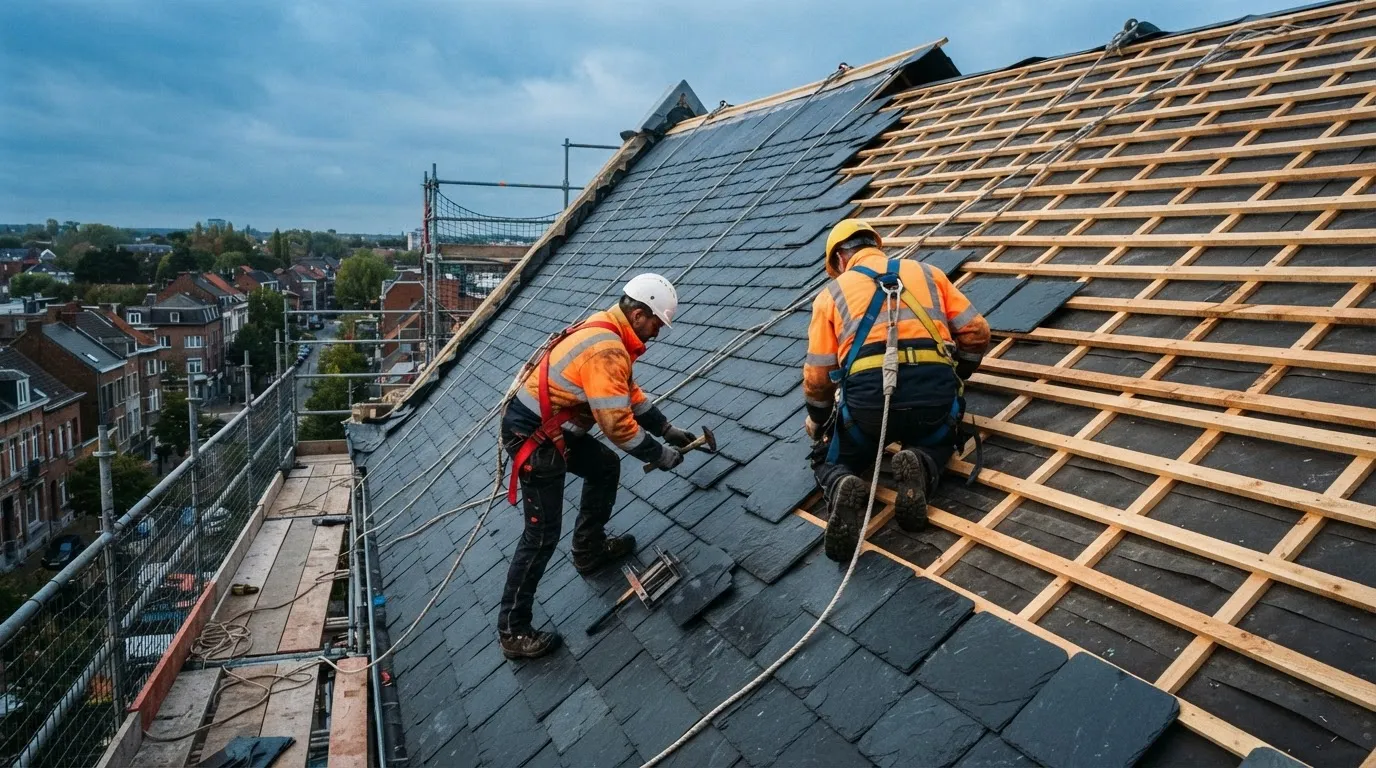 Detail van een strak afgewerkt dak in keramische pannen