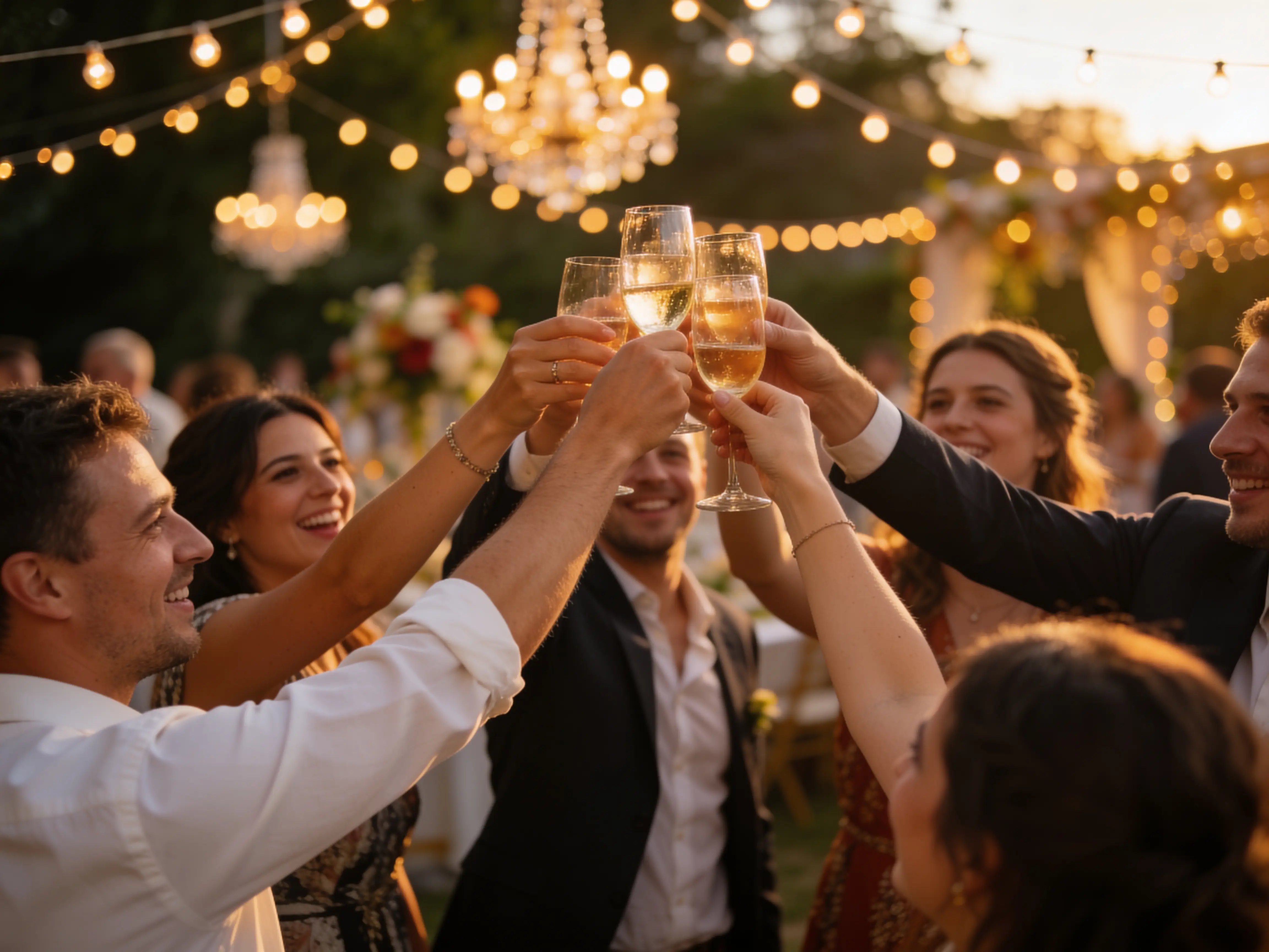Reportagebeeld van een avondfeest met warme sfeerverlichting