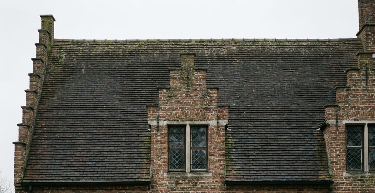 Verweerd hellend dak vóór renovatie, met versleten pannen