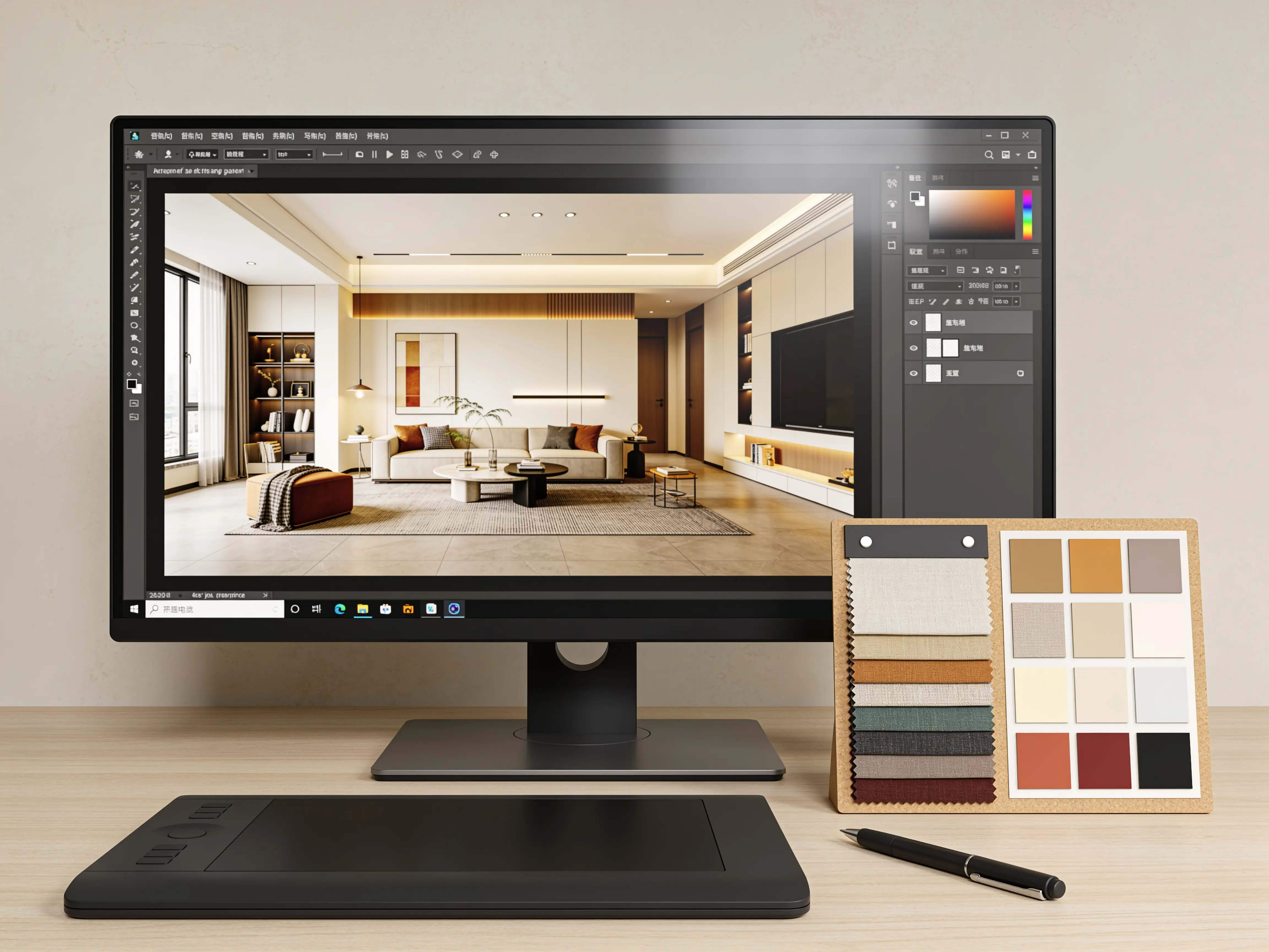 Fotorealistische 3D-visualisatie van een interieur op het scherm, vóór de werken