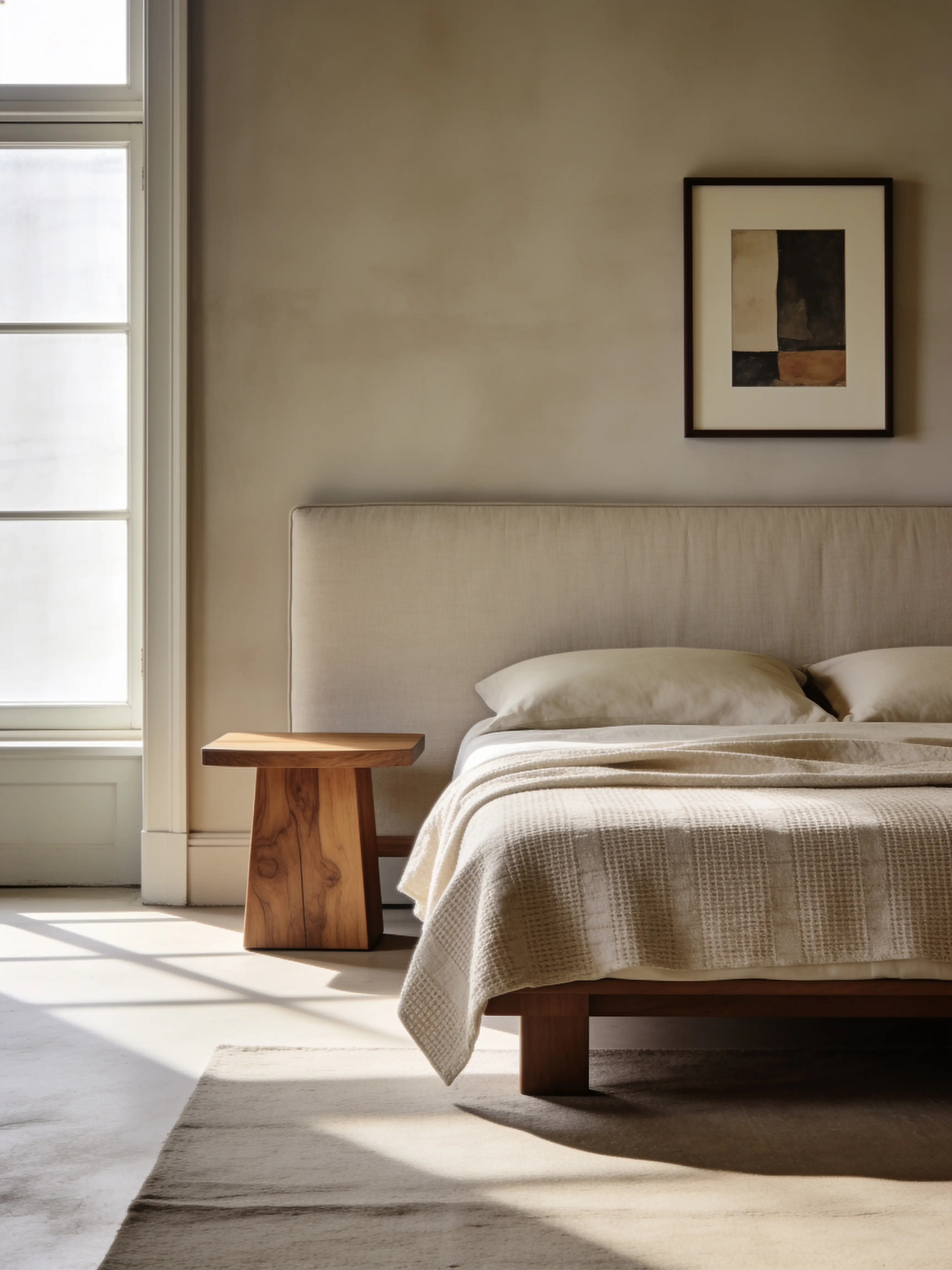 Serene slaapkamer met warme plamuur en eiken nachttafels