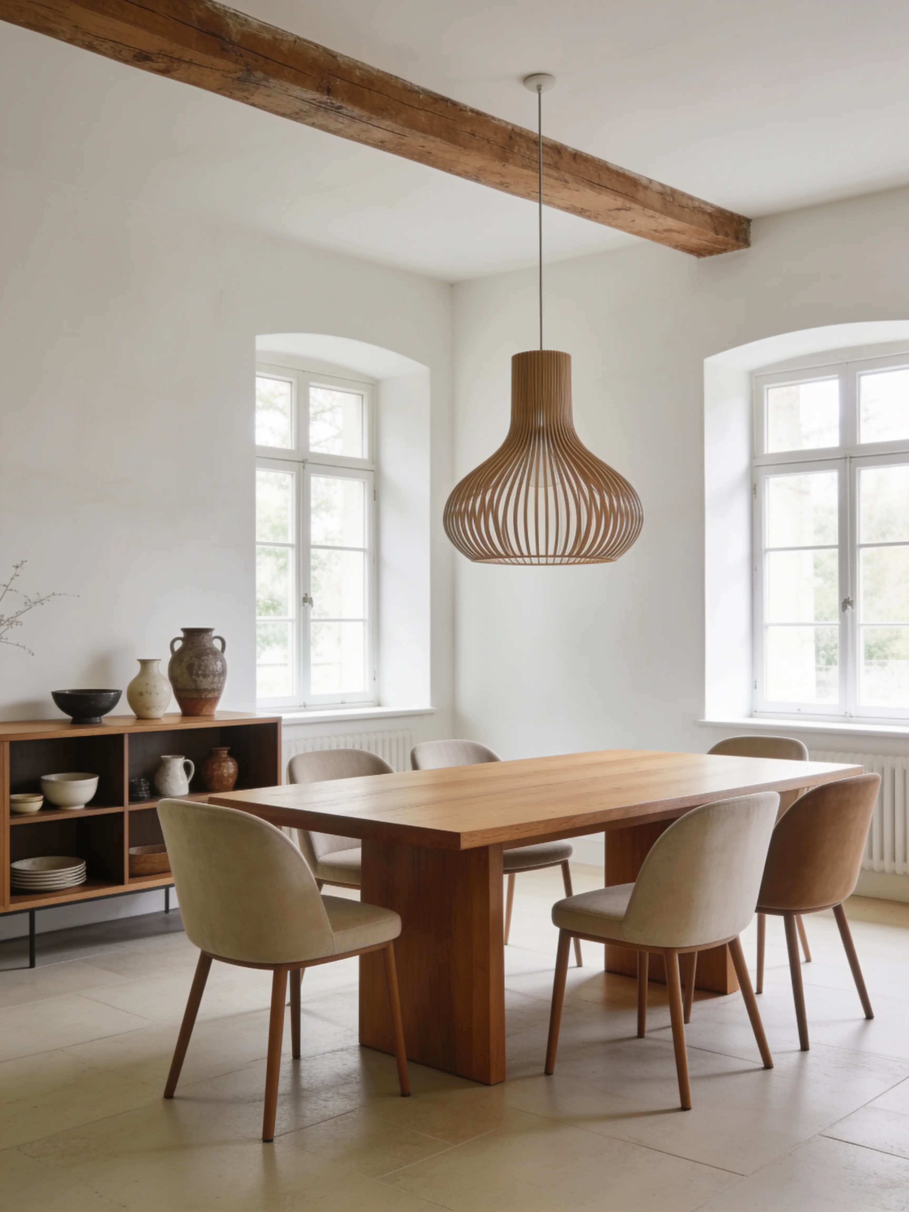 Eethoek met massieve eiken tafel en sculpturale hanglamp