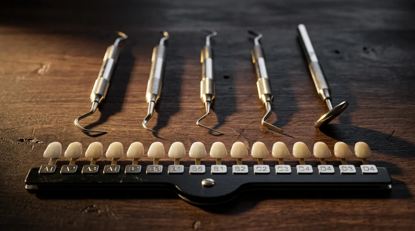 Precisie-instrumentarium en een tandkleurwaaier, klaargelegd voor een behandeling bij Dentaal Cassiers
